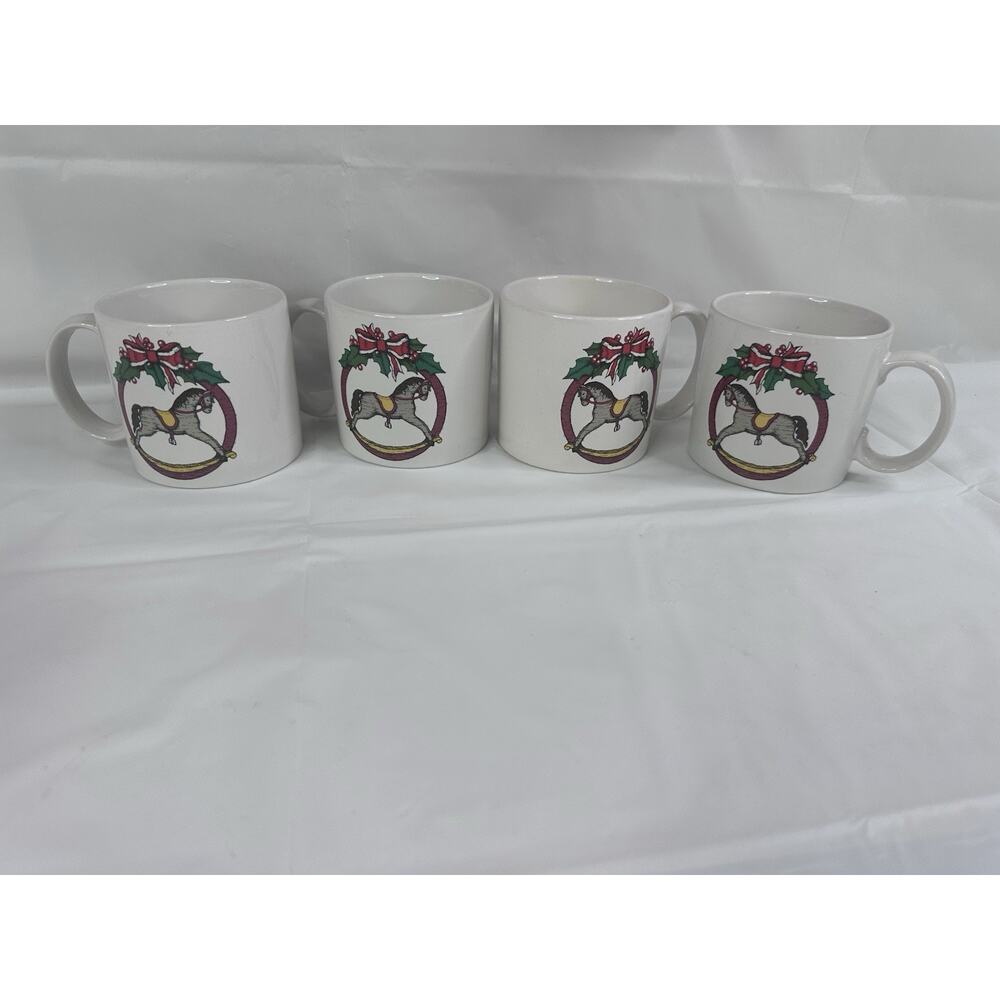 Vintage Inarco Christmas Rocking Horse Coffee Mug 1988 Korea Set Of 4